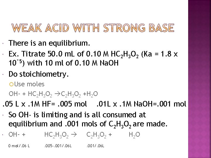  There is an equilibrium. Ex. Titrate 50. 0 m. L of 0. 10