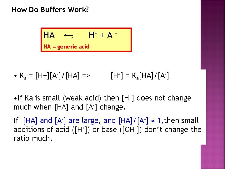 How Do Buffers Work? HA H+ + A – HA = generic acid •