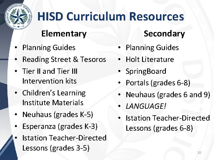 HISD Curriculum Resources Secondary Elementary • Planning Guides • Reading Street & Tesoros •