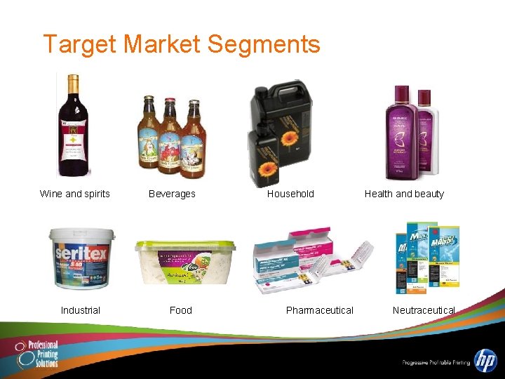 Target Market Segments Wine and spirits Industrial Beverages Food Household Pharmaceutical Health and beauty