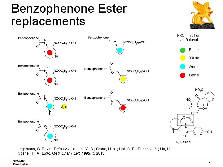 Benzophenone Ester replacements PKC inhibition vs. Balanol Better Same Worse Lethal d, h Jagdmann,
