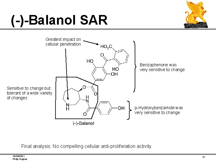 (-)-Balanol SAR Greatest impact on cellular penetration Benzophenone was very sensitive to change Sensitive