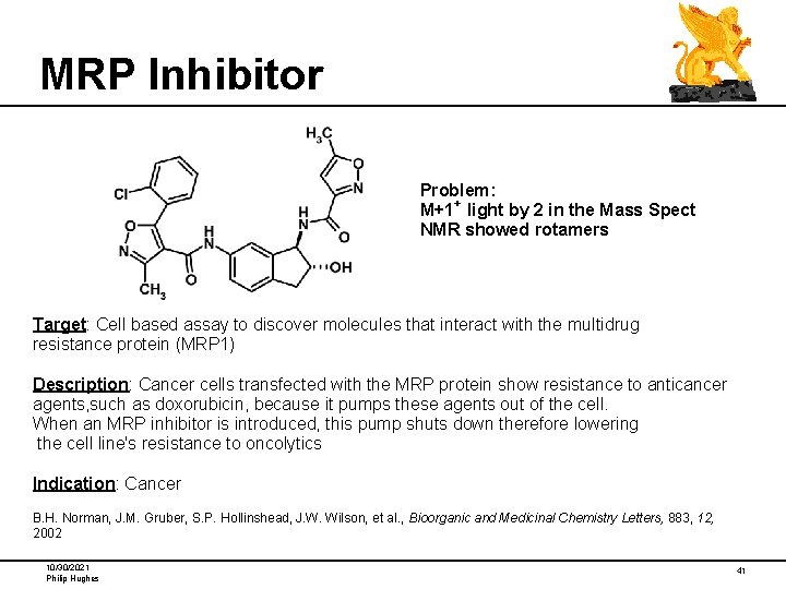 MRP Inhibitor Problem: M+1+ light by 2 in the Mass Spect NMR showed rotamers