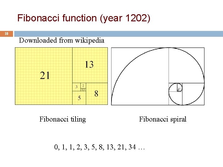 Fibonacci function (year 1202) 10 Downloaded from wikipedia Fibonacci tiling Fibonacci spiral 0, 1,
