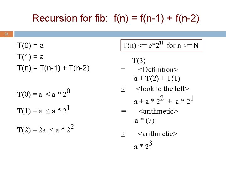 Recursion for fib: f(n) = f(n-1) + f(n-2) 26 T(0) = a T(1) =