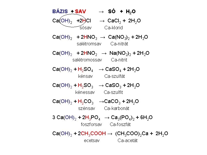 BÁZIS + SAV → SÓ + H 2 O Ca(OH)2 +2 HCl → Ca.