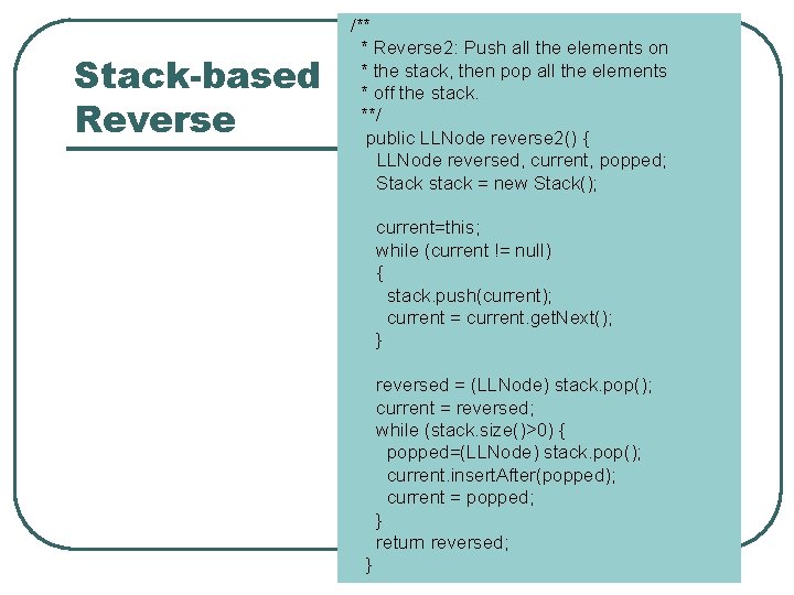 Stack-based Reverse /** * Reverse 2: Push all the elements on * the stack,