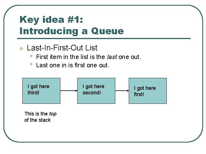 Key idea #1: Introducing a Queue l Last-In-First-Out List • • First item in
