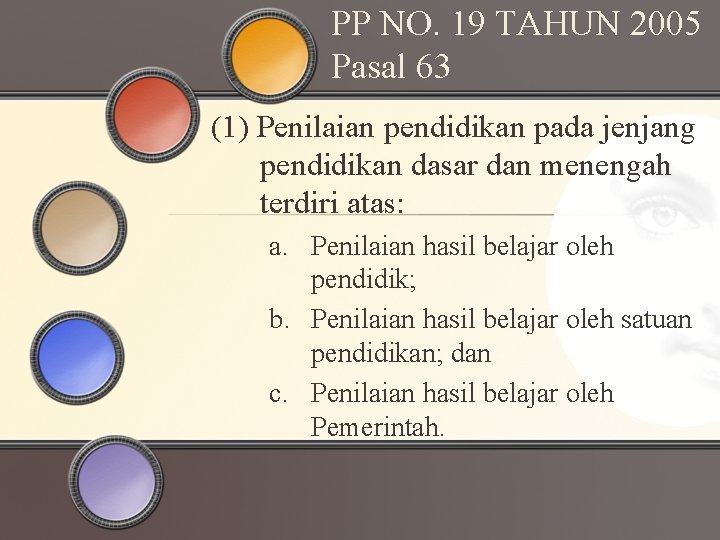 PP NO. 19 TAHUN 2005 Pasal 63 (1) Penilaian pendidikan pada jenjang pendidikan dasar