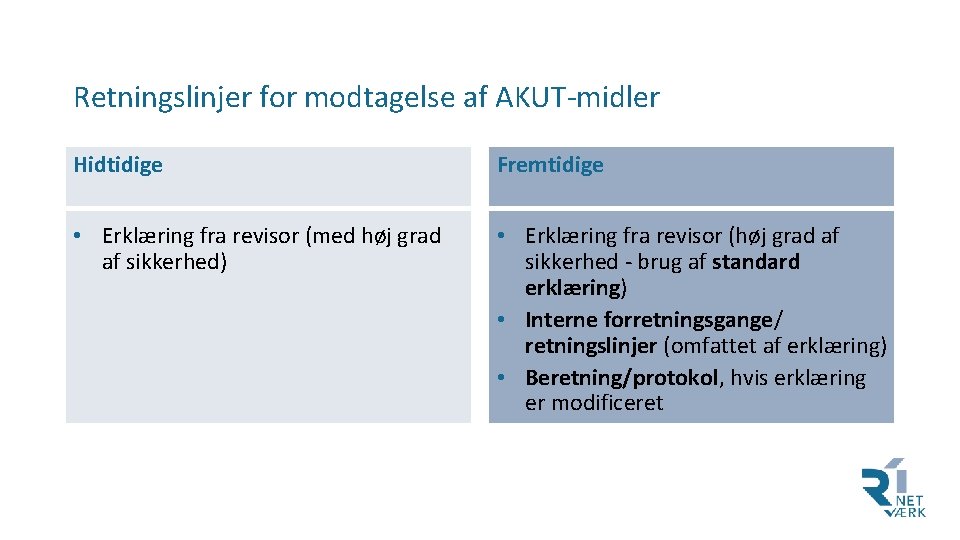 Retningslinjer for modtagelse af AKUT-midler Hidtidige Fremtidige • Erklæring fra revisor (med høj grad