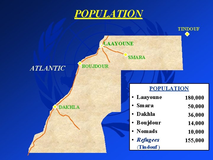 POPULATION TINDOUF LAAYOUNE SMARA ATLANTIC DAKHLA BOUJDOUR • • • POPULATION Laayoune 180, 000