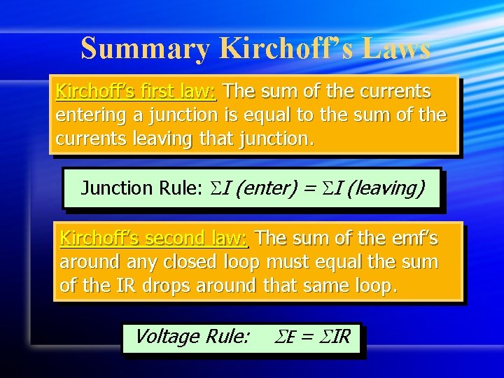 Summary Kirchoff’s Laws Kirchoff’s first law: The sum of the currents entering a junction