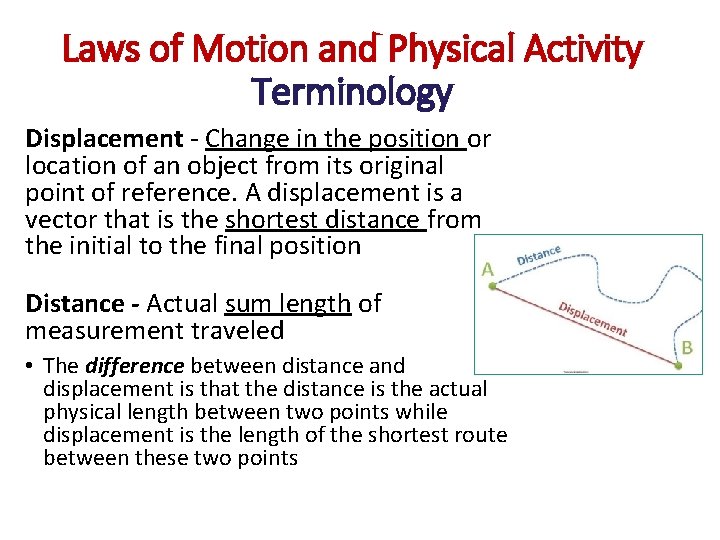 Laws of Motion and Physical Activity Terminology Displacement - Change in the position or