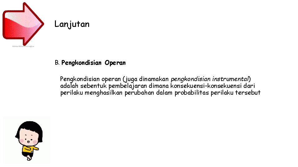 Lanjutan B. Pengkondisian Operan Pengkondisian operan (juga dinamakan pengkondisian instrumental) adalah sebentuk pembelajaran dimana Lanjutan B. Pengkondisian Operan Pengkondisian operan (juga dinamakan pengkondisian instrumental) adalah sebentuk pembelajaran dimana