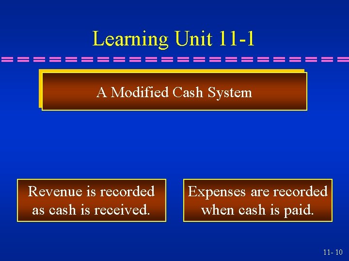 Learning Unit 11 -1 A Modified Cash System Revenue is recorded as cash is