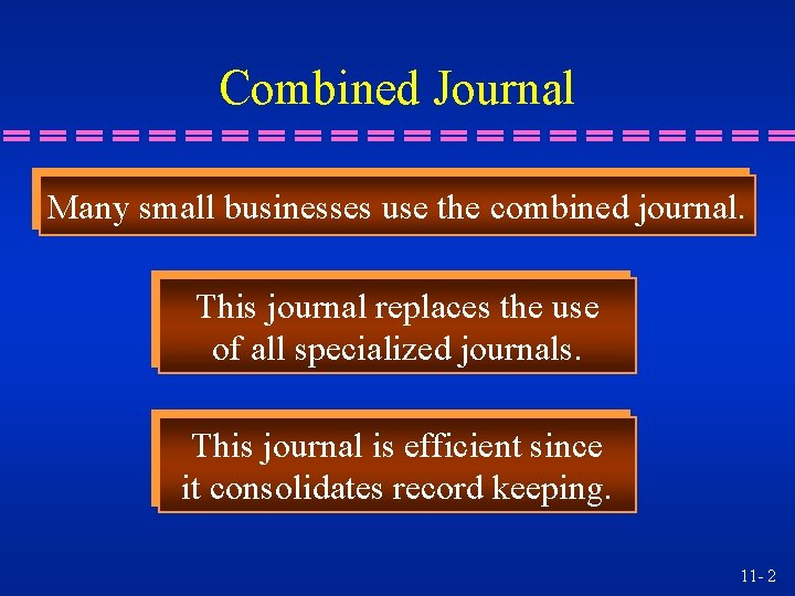 Combined Journal Many small businesses use the combined journal. This journal replaces the use