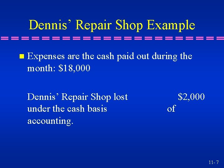 Dennis’ Repair Shop Example n Expenses are the cash paid out during the month: