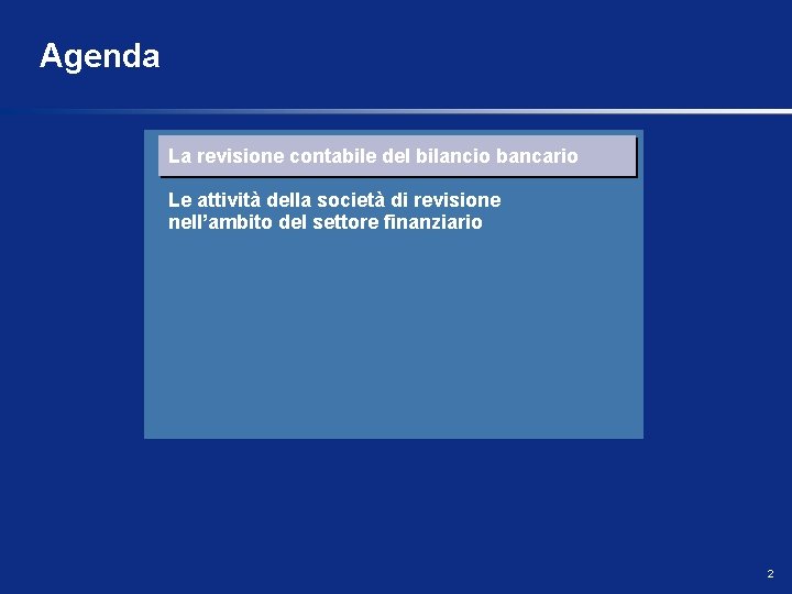 Agenda La revisione contabile del bilancio bancario Le attività della società di revisione nell’ambito