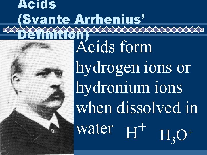 Acids (Svante Arrhenius’ Definition) Acids form hydrogen ions or hydronium ions when dissolved in