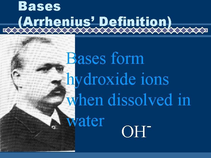 Bases (Arrhenius’ Definition) Bases form hydroxide ions when dissolved in water OH 