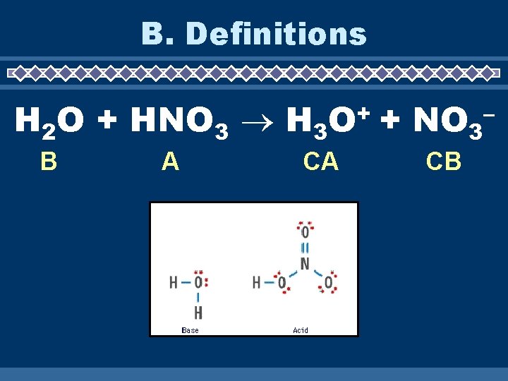 B. Definitions H 2 O + HNO 3 H 3 B A + O
