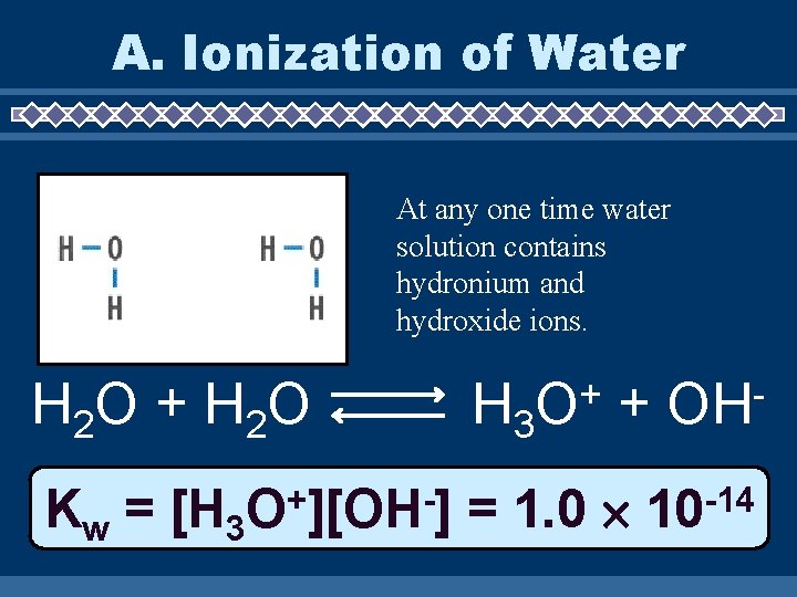 A. Ionization of Water At any one time water solution contains hydronium and hydroxide