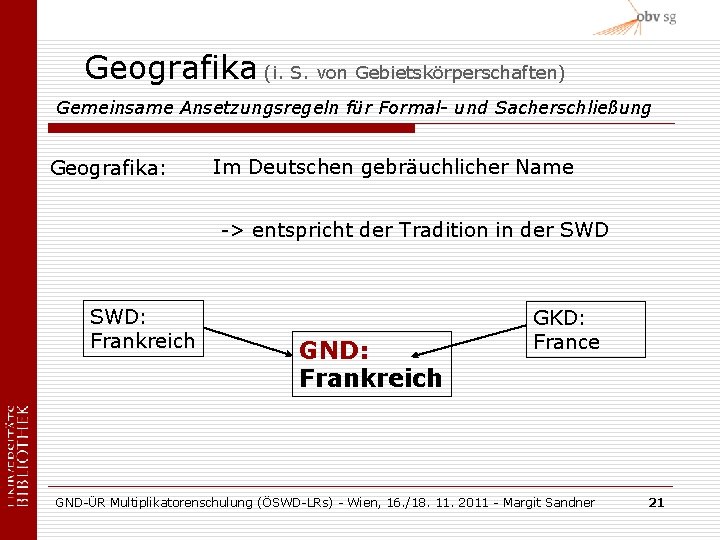 Geografika (i. S. von Gebietskörperschaften) Gemeinsame Ansetzungsregeln für Formal- und Sacherschließung Geografika: Im Deutschen