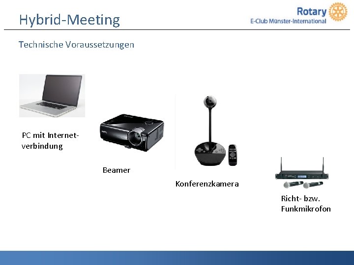 Hybrid-Meeting Technische Voraussetzungen PC mit Internetverbindung Beamer Konferenzkamera Richt- bzw. Funkmikrofon 14 