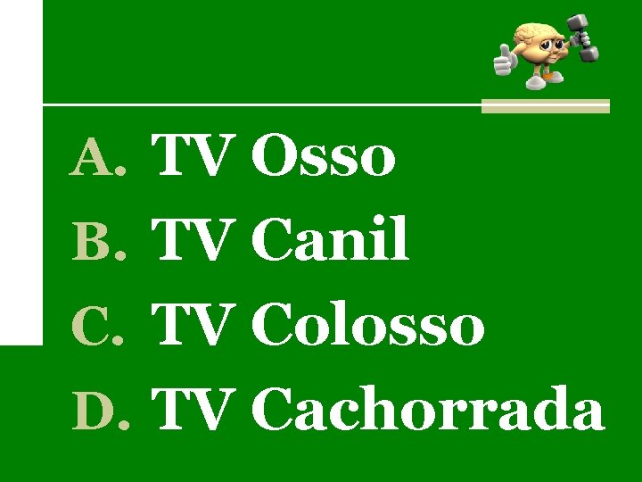 A. TV Osso B. TV Canil C. TV Colosso D. TV Cachorrada 