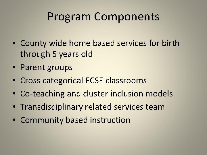Program Components • County wide home based services for birth through 5 years old