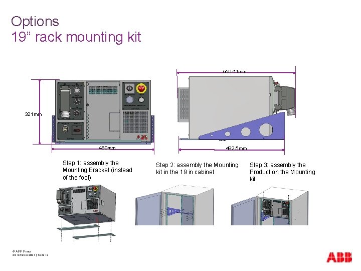 Options 19” rack mounting kit 550. 41 mm 321 mm 480 mm Step 1: