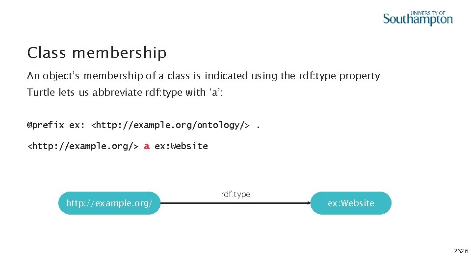 Class membership An object’s membership of a class is indicated using the rdf: type