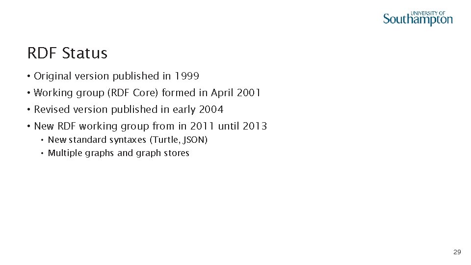 RDF Status • Original version published in 1999 • Working group (RDF Core) formed