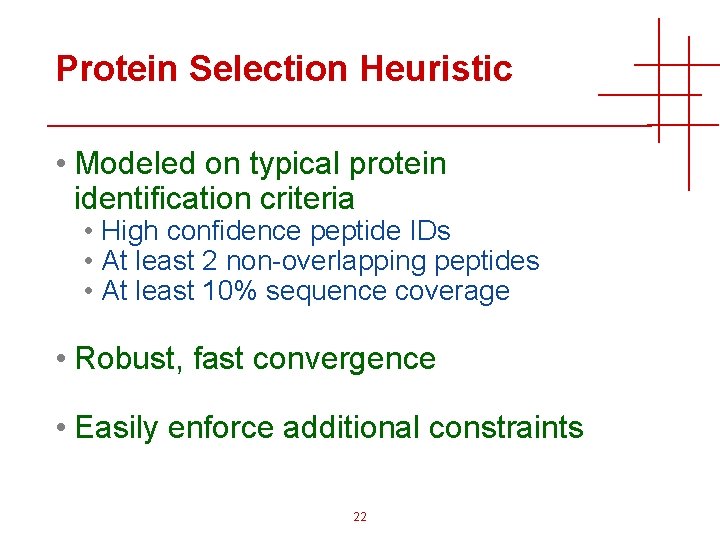 Protein Selection Heuristic • Modeled on typical protein identification criteria • High confidence peptide