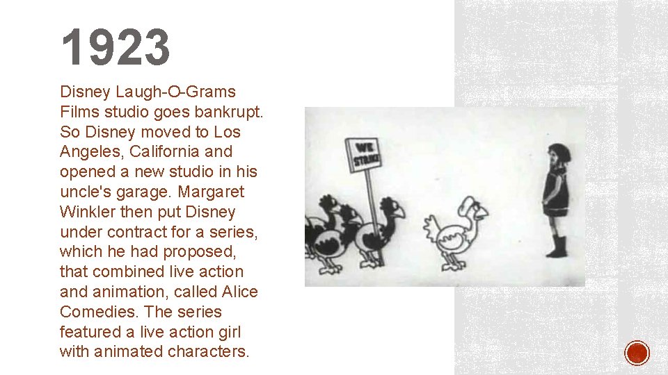1923 Disney Laugh-O-Grams Films studio goes bankrupt. So Disney moved to Los Angeles, California