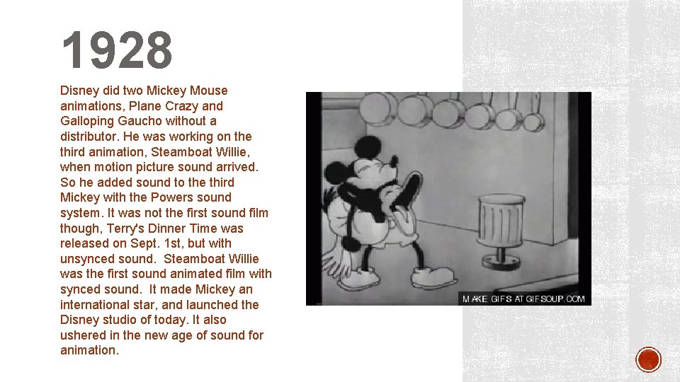 1928 Disney did two Mickey Mouse animations, Plane Crazy and Galloping Gaucho without a