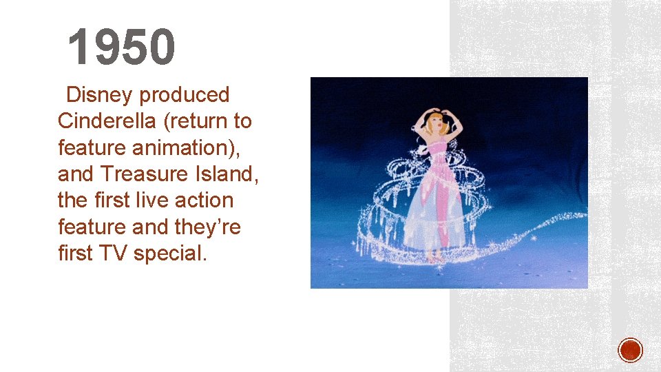 1950 • Disney produced Cinderella (return to feature animation), and Treasure Island, the first
