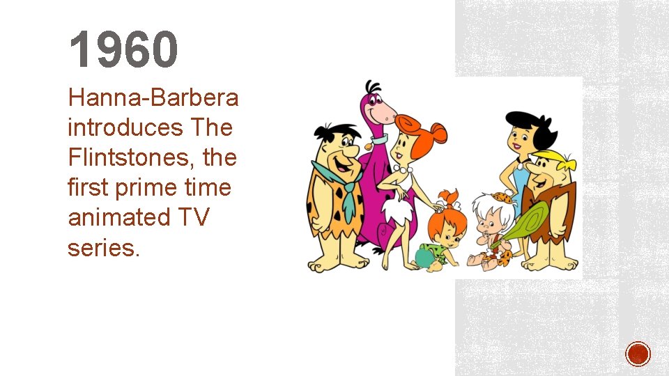 1960 Hanna-Barbera introduces The Flintstones, the first prime time animated TV series. 