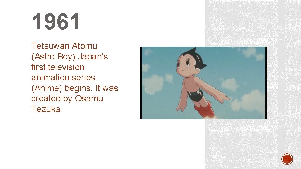 1961 Tetsuwan Atomu (Astro Boy) Japan's first television animation series (Anime) begins. It was