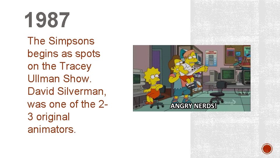 1987 The Simpsons begins as spots on the Tracey Ullman Show. David Silverman, was