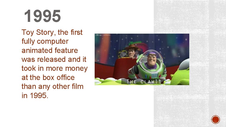 1995 Toy Story, the first fully computer animated feature was released and it took