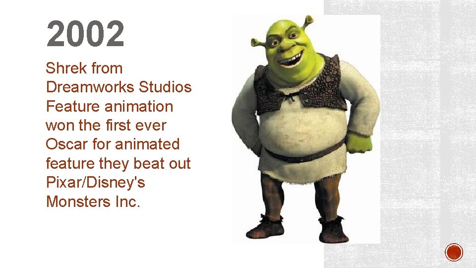 2002 Shrek from Dreamworks Studios Feature animation won the first ever Oscar for animated