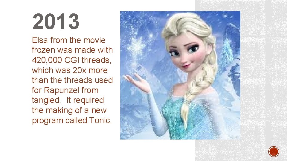 2013 Elsa from the movie frozen was made with 420, 000 CGI threads, which