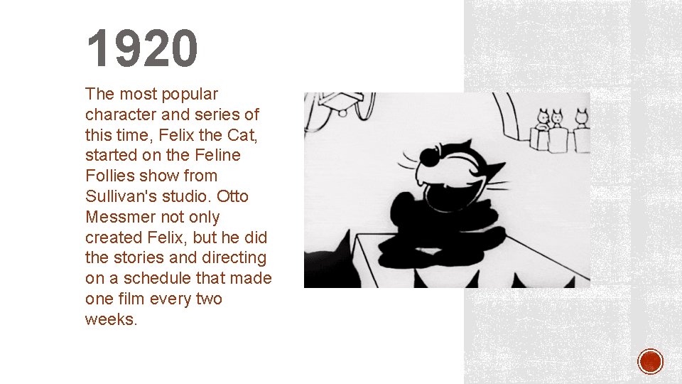 1920 The most popular character and series of this time, Felix the Cat, started