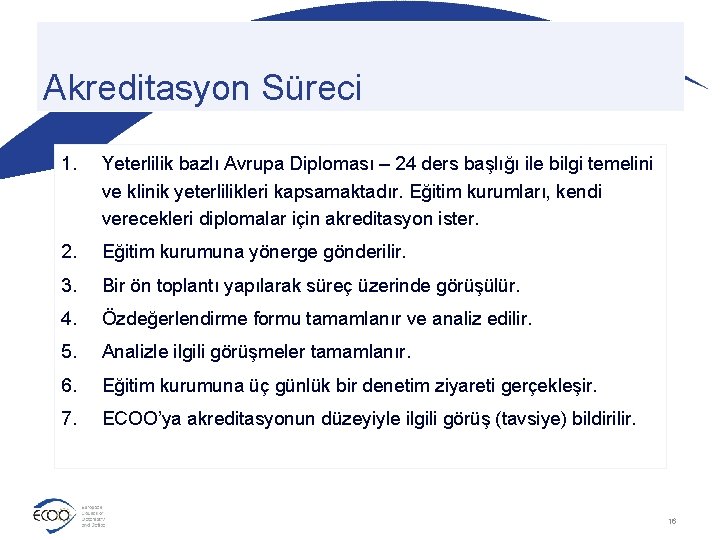 Akreditasyon Süreci 1. Yeterlilik bazlı Avrupa Diploması – 24 ders başlığı ile bilgi temelini