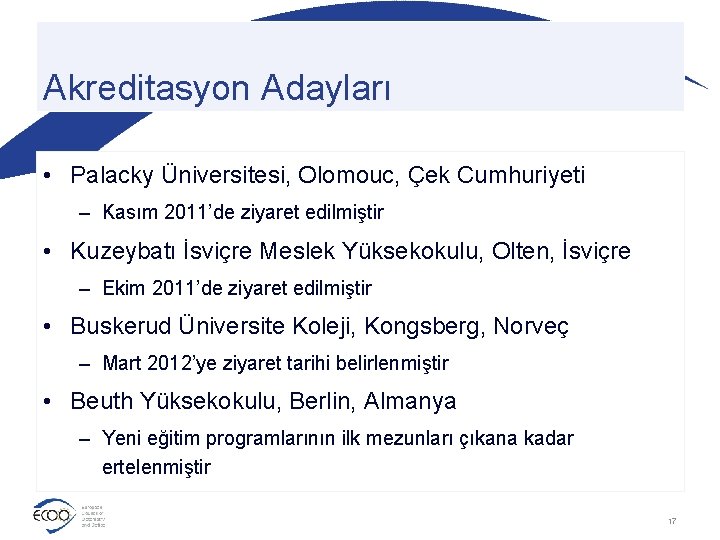 Akreditasyon Adayları • Palacky Üniversitesi, Olomouc, Çek Cumhuriyeti – Kasım 2011’de ziyaret edilmiştir •