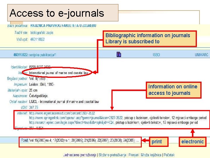 Access to e-journals Bibliographic information on journals Library is subscribed to Information on online
