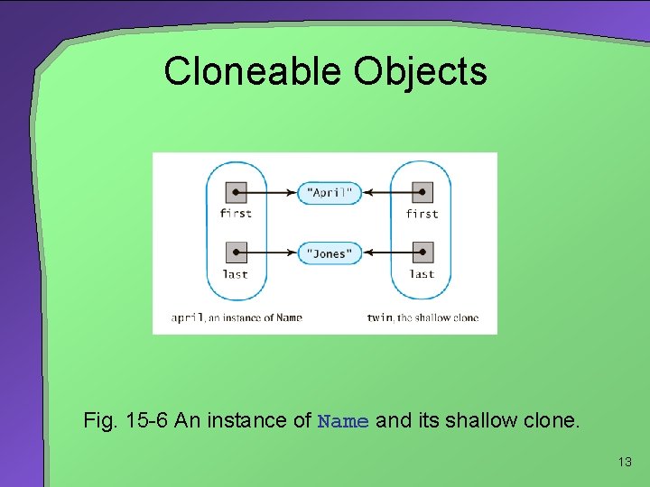 Cloneable Objects Fig. 15 -6 An instance of Name and its shallow clone. 13