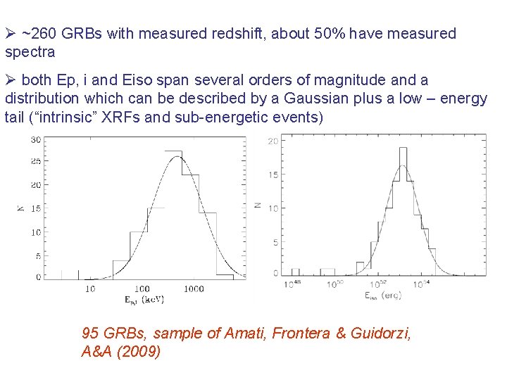 Ø ~260 GRBs with measured redshift, about 50% have measured spectra Ø both Ep,