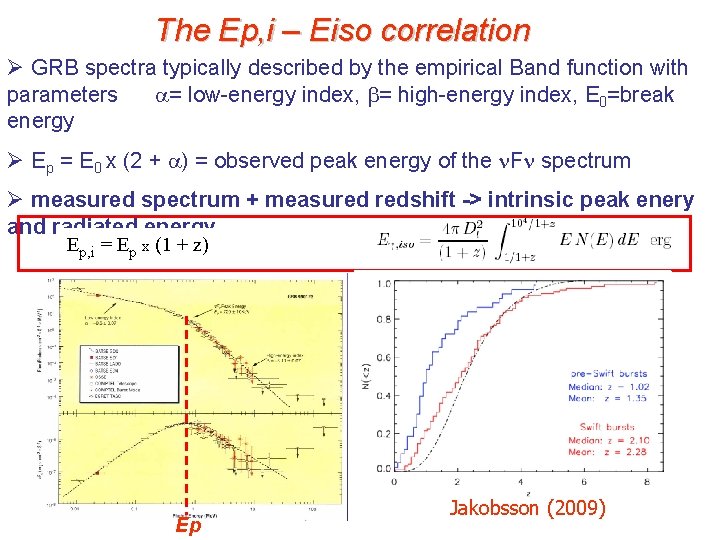 The Ep, i – Eiso correlation Ø GRB spectra typically described by the empirical